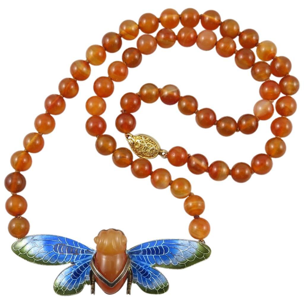 Chinese Carved Carnelian and Enamel Cicada Necklace. Vermeil Silver 1920s.