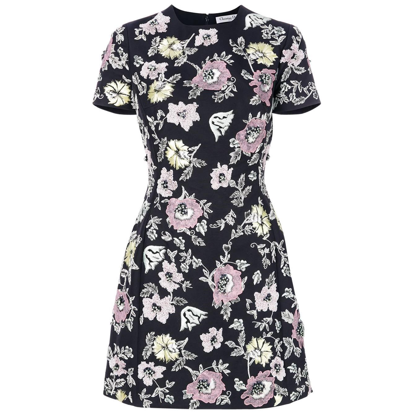 Christian Dior Navy Flower Embroidered Dress