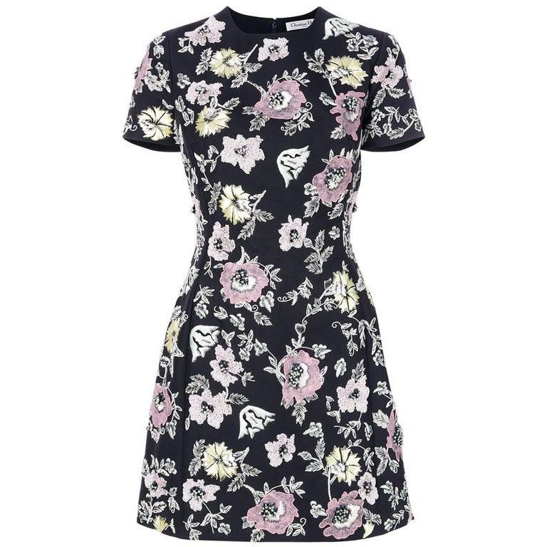Christian Dior Navy Flower Embroidered Dress For Sale at 1stDibs