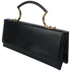 Vintage Unique 1950's Black Leather Handbag With Sculptural Handle