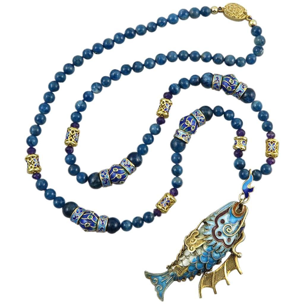 Chinese Export Vermeil Silver Enameled Dragon Fish Necklace. Apatite. 1980s.  For Sale