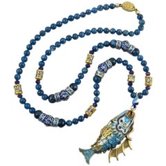 Chinese Export Vermeil Silver Enameled Dragon Fish Necklace. Apatite. 1980s. 