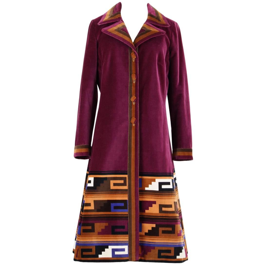 Roberta di Camerino Ruby Red Aztec Design Velvet Coat Size M/L, 1970s 