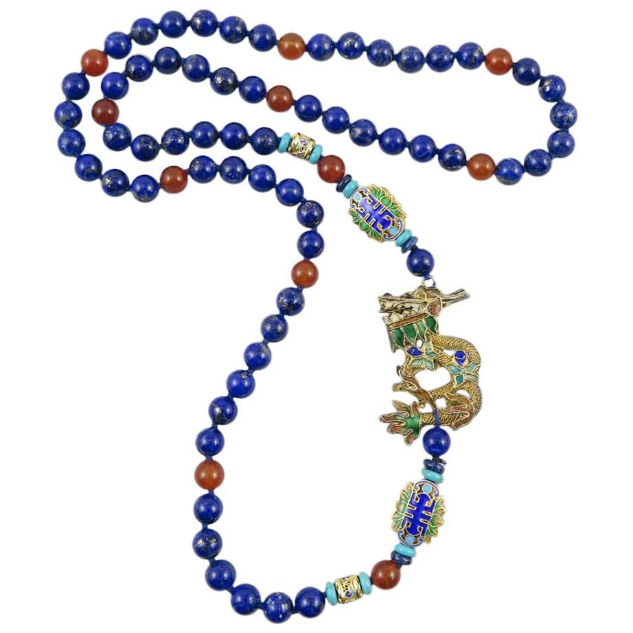 Chinese Gilded Silver Dragon Necklace with Carnelian and Lapis Beads. 1980's.