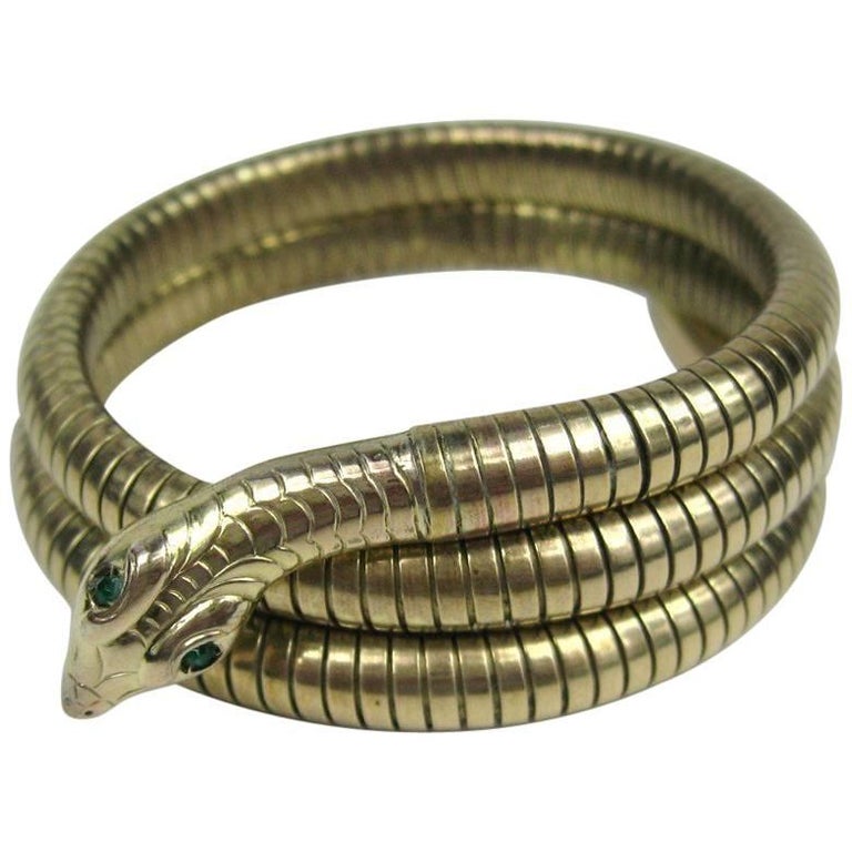 1940s 3 Coil Green Eyed Wrap Snake Bracelet For Sale at 1stdibs