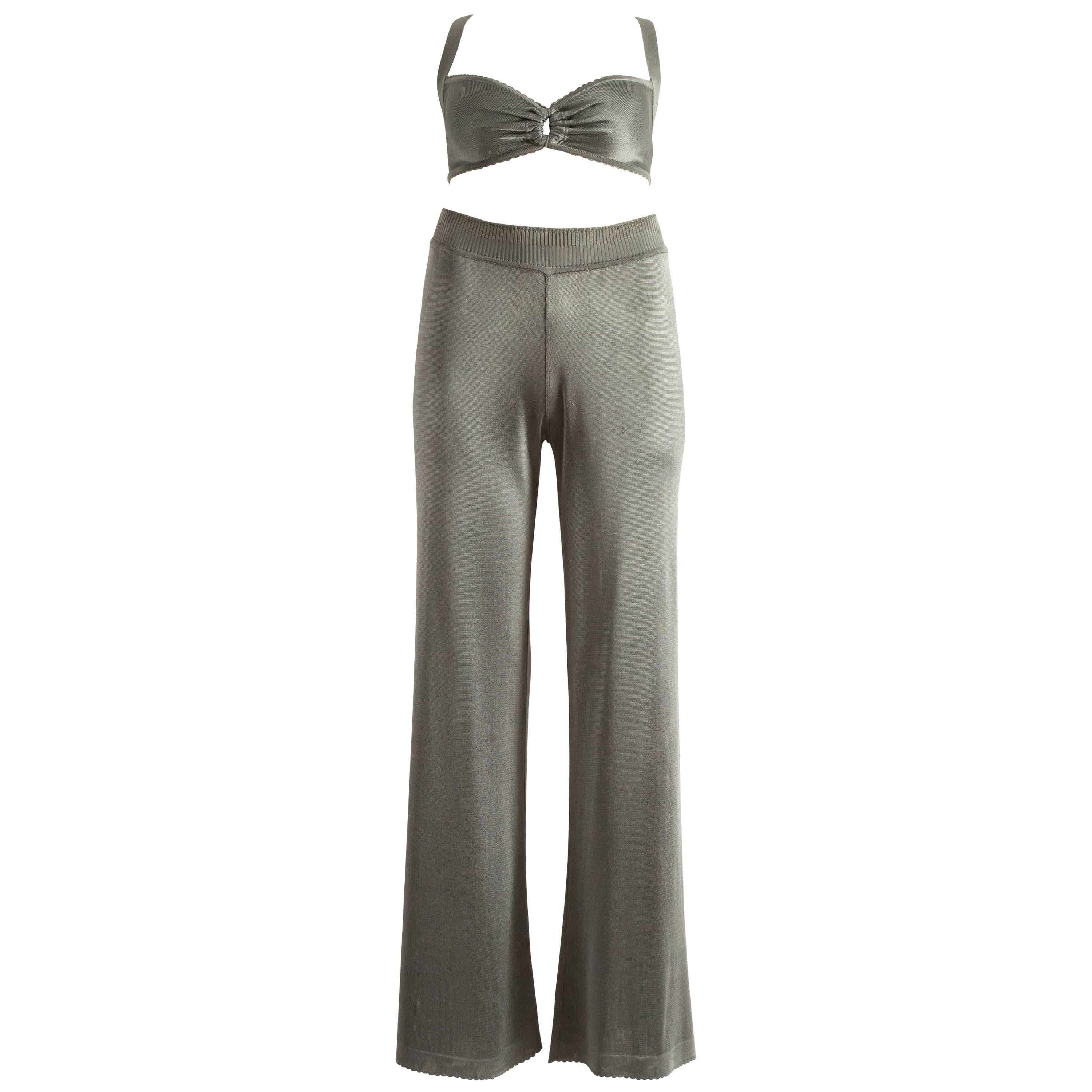 Azzedine Alaia Spring-Summer 1993 grey acetate knitted bra and pants ensemble 