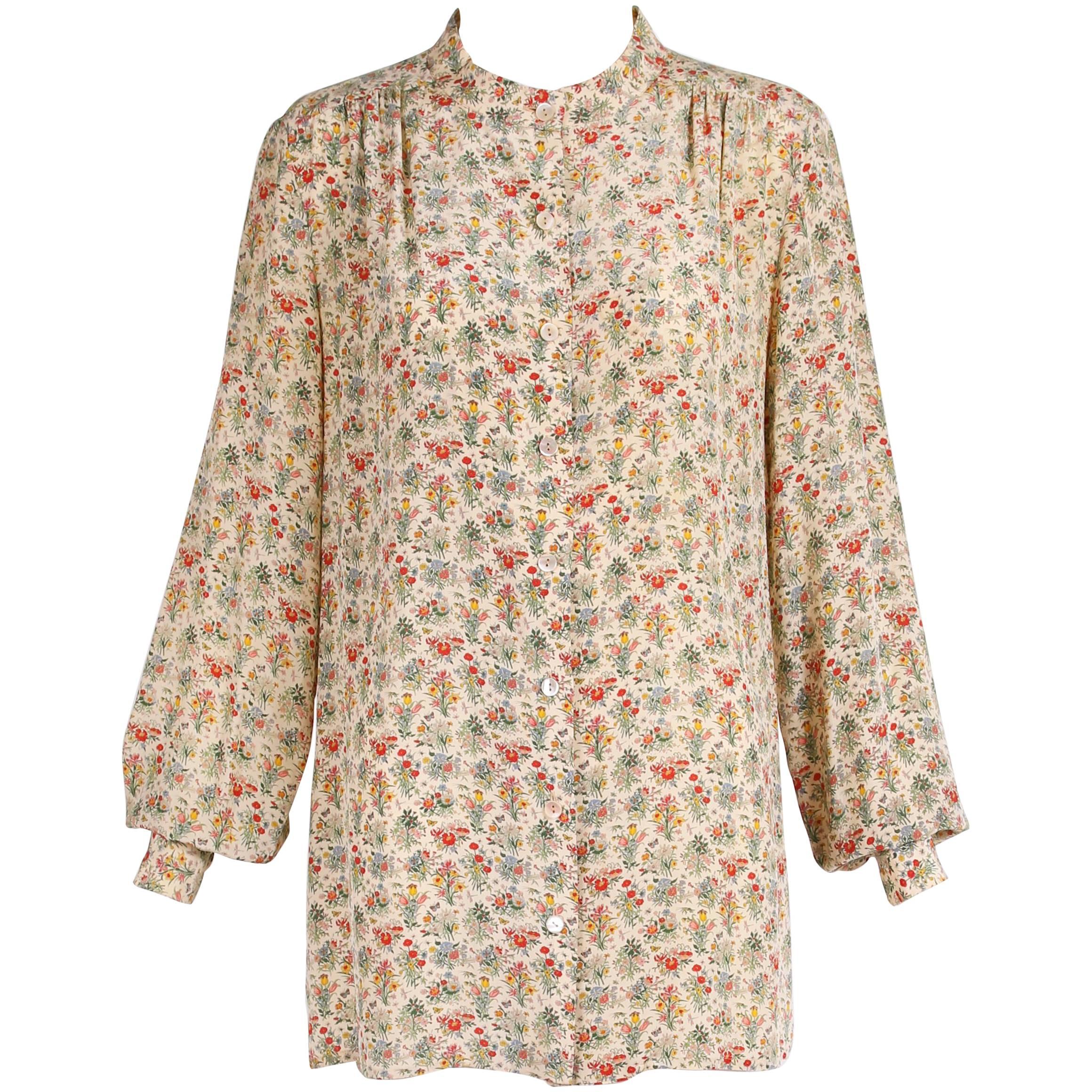 Gucci Accornero Floral Print Silk Tunic Style Blouse, 1970s 