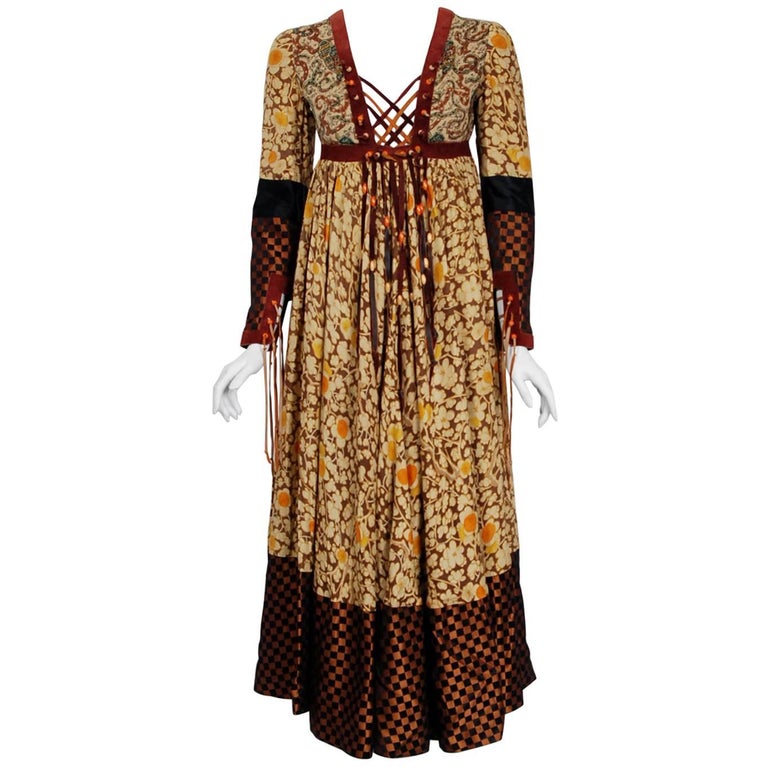 1970 Bill Gibb Iconic Bohemian Floral Silk and Suede Fringe LaceUp Gypsy Dress For Sale at 1stdibs