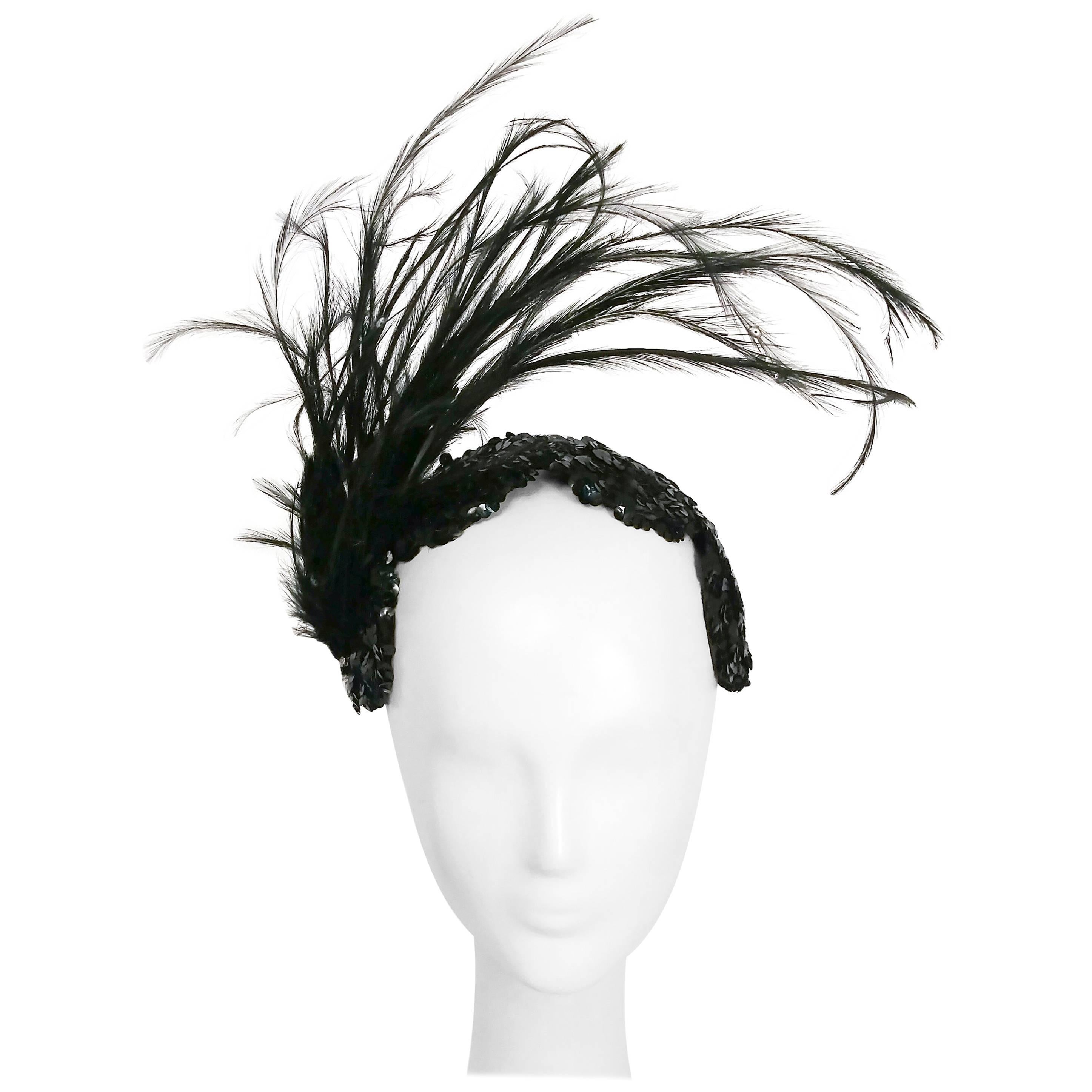 1950s Black Sequin Headband with Feathers