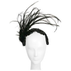 Vintage 1950s Black Sequin Headband with Feathers