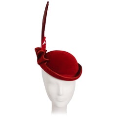 1930s Red Felt Ruffled Hat with Tall Feather