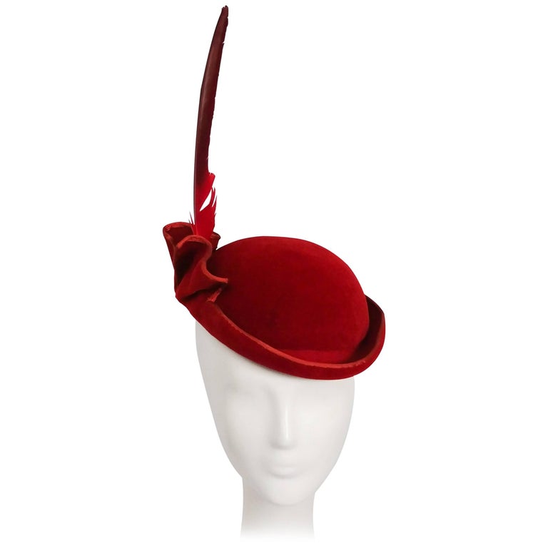 1930s Red Felt Ruffled Hat with Tall Feather at 1stDibs