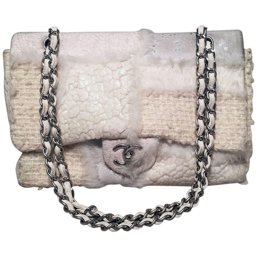 Chanel White Wool and Fur Patchwork Classic Flap Shoulder Bag