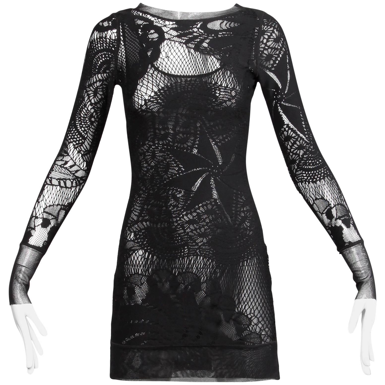 Jean Paul Gaultier Black Sheer Mesh Cut Out Mesh Lace Body Con Dress