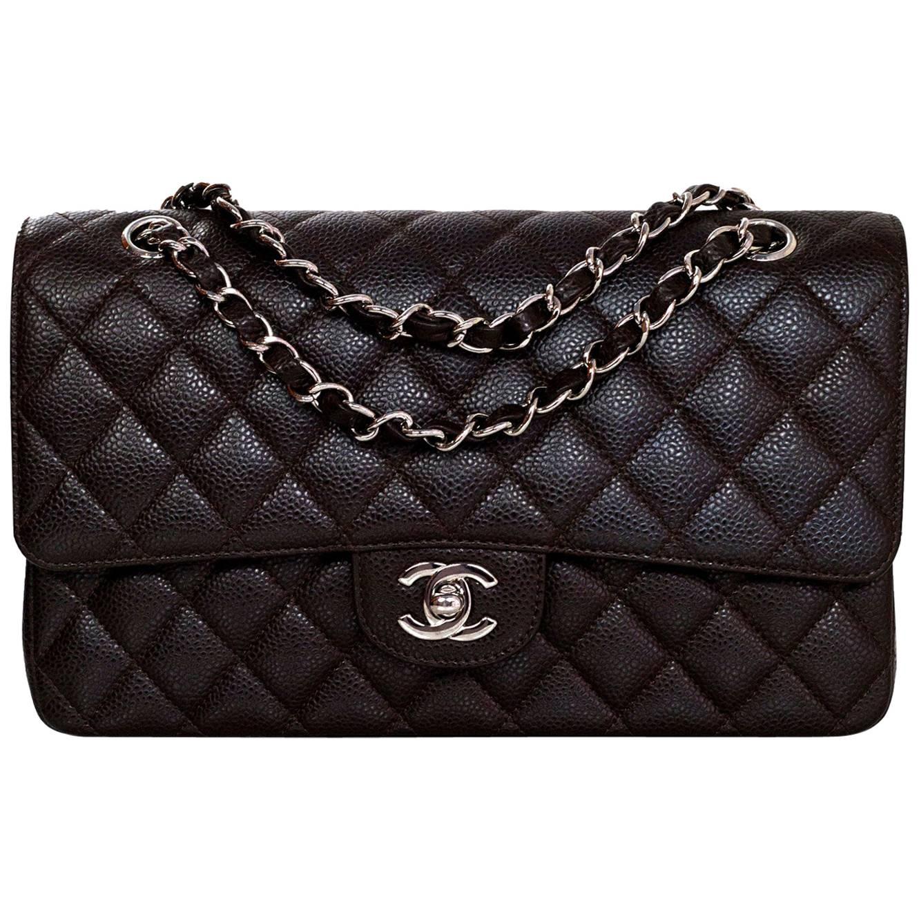 Chanel Brown Caviar Leather Quilted 10" Medium Double Flap Classic Bag rt.$5, 300