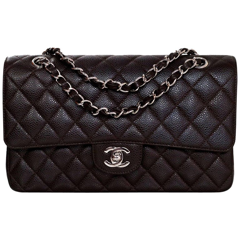 Chanel Brown Caviar Leather Quilted 10" Medium Double Flap Classic Bag