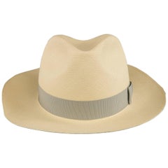 GRAHAM THOMPSON Size 7 3/8 Beige Gray Ribbon Straw Panama Hat