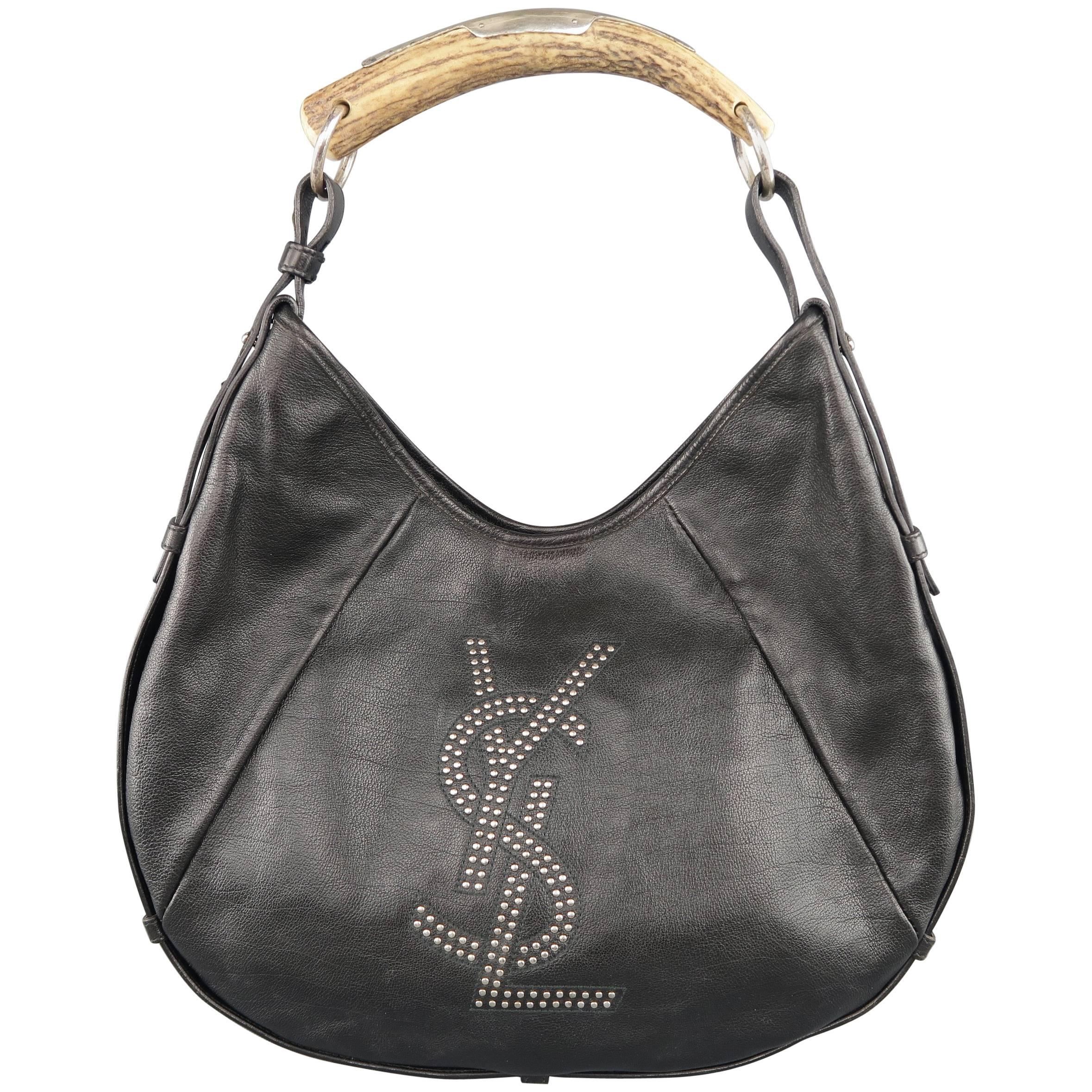 YVES SAINT LAURENT Black YSL Studded Leather Horn Mombasa Bag