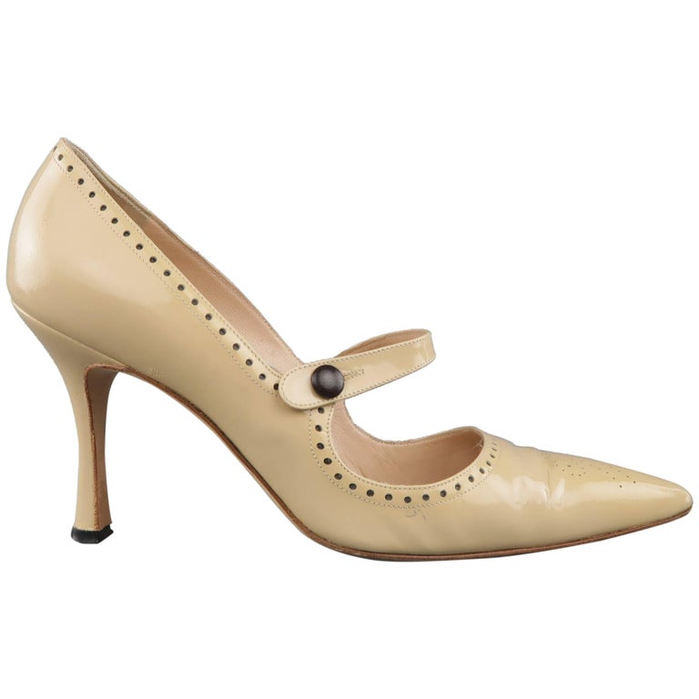 MANOLO BLAHNIK Size 8.5 Beige Patent Leather Mary Jane Brogue Pumps at ...