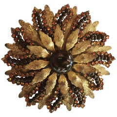 MIRIAM HASKELL Brown Amber Seed Glass Bead Antiqued Goldtone Circular Brooch Pin