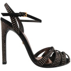 GUCCI Size 7 Black Rose Gold Studded Suede Strappy Sandals