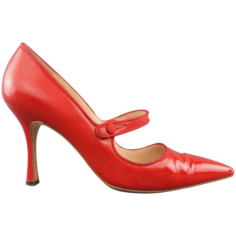 MANOLO BLAHNIK Size 9 Red Pointed Mary Jane Campari Pumps at 1stDibs ...