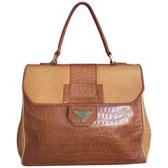 Fendi Vintage Genuine Brown Leather Kelly Handbag with Croc-Embossed Leather.