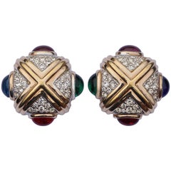 Panetta Faux Sapphire Emerald Ruby Amethyst Rhinestone Earrings, 1980s