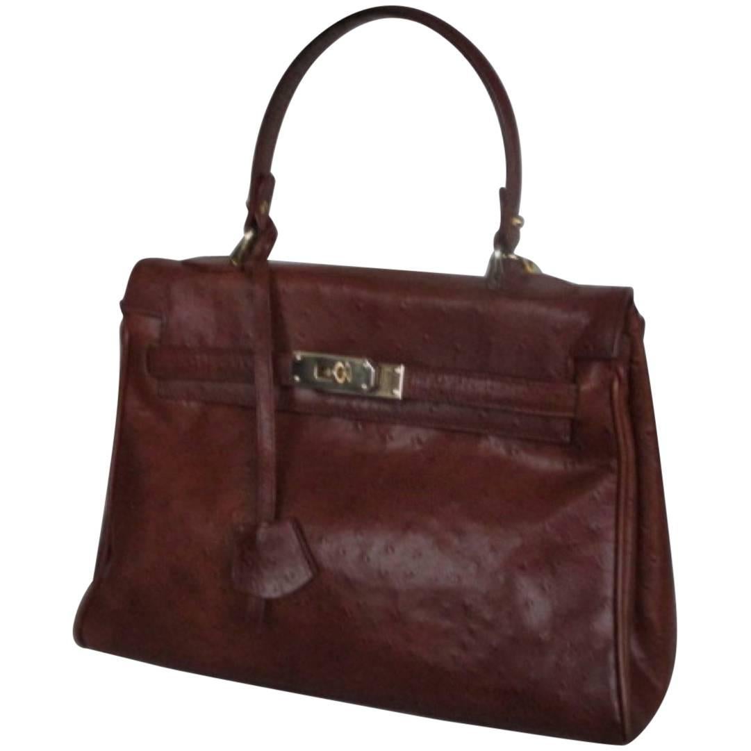 Brown Ostrich Vintage Leather Bag 