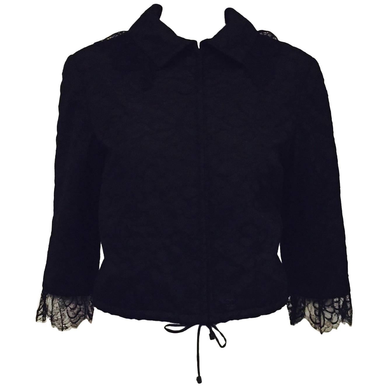 Chanel Camellia Flower Black Lace & Silk Cropped Jacket with Drawstring Tie