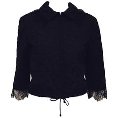 Chanel Camellia Flower Black Lace 
Silk Cropped Jacket with Drawstring Tie