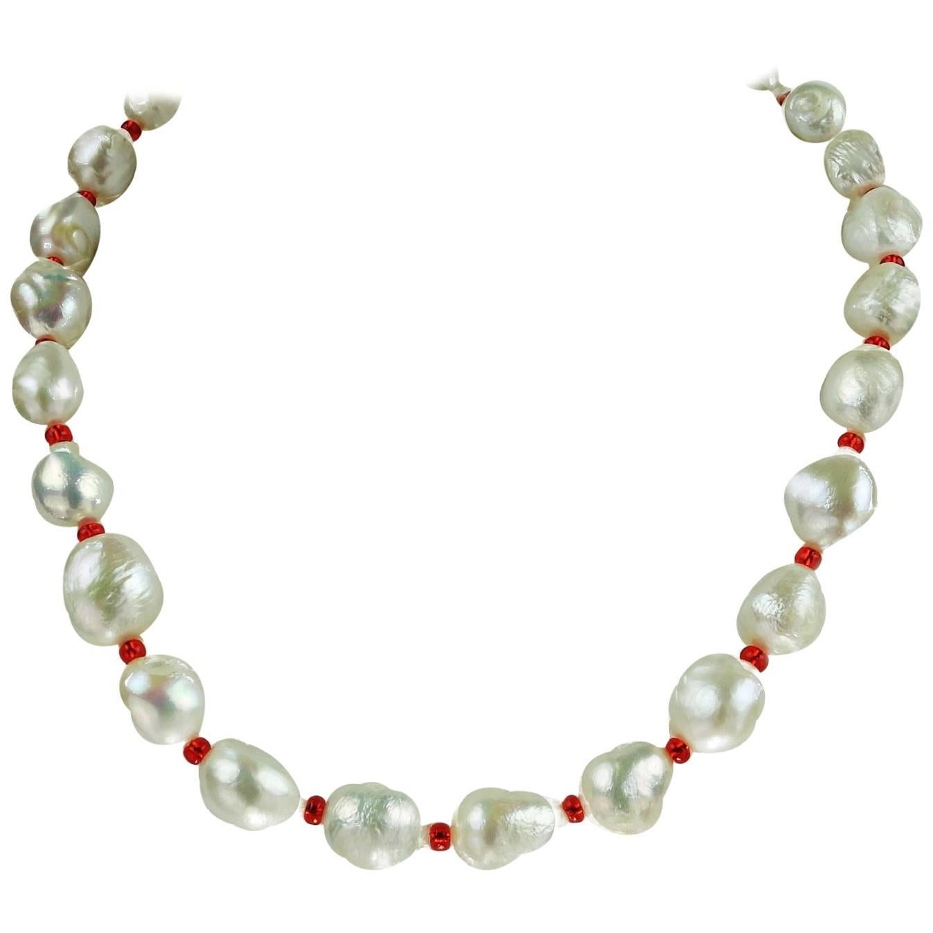  White Freshwater Pearl Necklace with Red accents