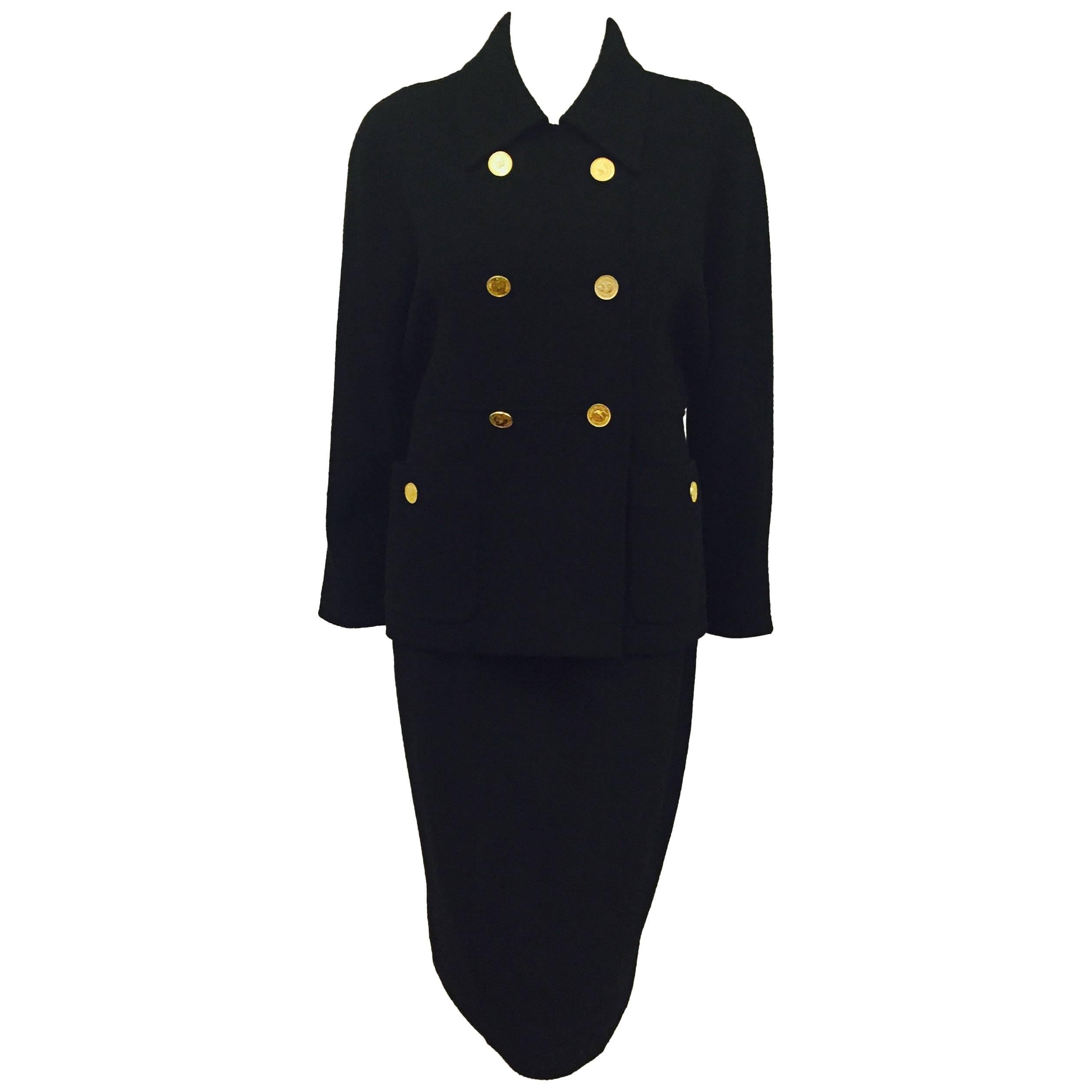 Classic Chanel Boutique Black Skirt Suit with Iconic Goldtone Profile Buttons For Sale
