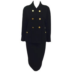 Classic Chanel Boutique Black Skirt Suit with Iconic Goldtone Profile Buttons