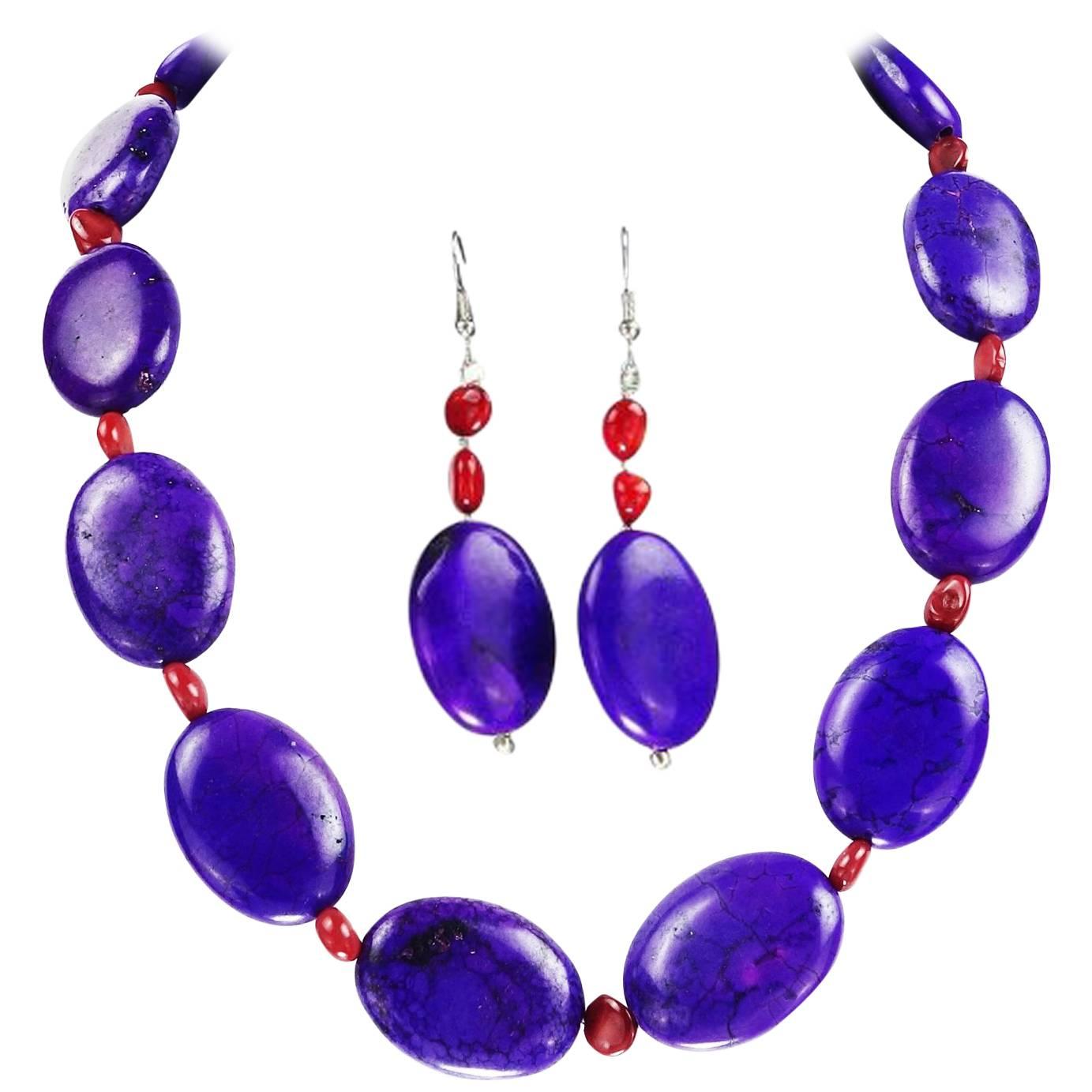 Purple Magnesite and Orange Coral Necklace and Matching Dangly Earrings