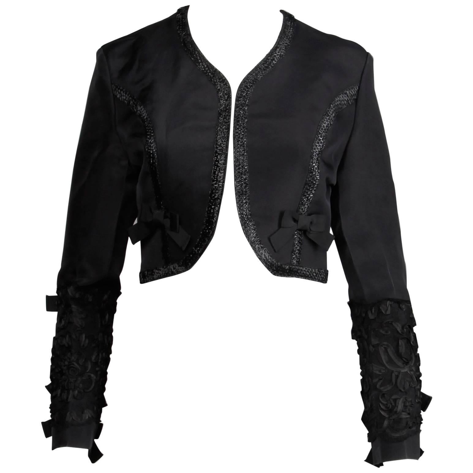 1990s Gemma Kahng Vintage Black Silk Cropped Bolero Jacket with Bow Detail