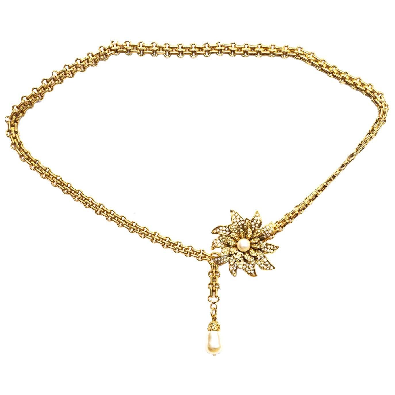 Chanel Goldtone Chainbelt with Pave Crystal Flower