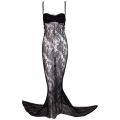 NWT S/S 1999 Dolce & Gabbana Sheer Black Mesh Lace Gown Dress w/ Train 38