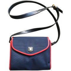 Vintage Celine Navy Nylon and Red Leather Piping Shoulder Bag with Golden Motif