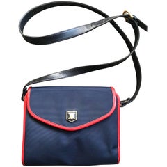 Vintage Celine Navy Nylon and Red Leather Piping Shoulder Bag with Golden Motif 