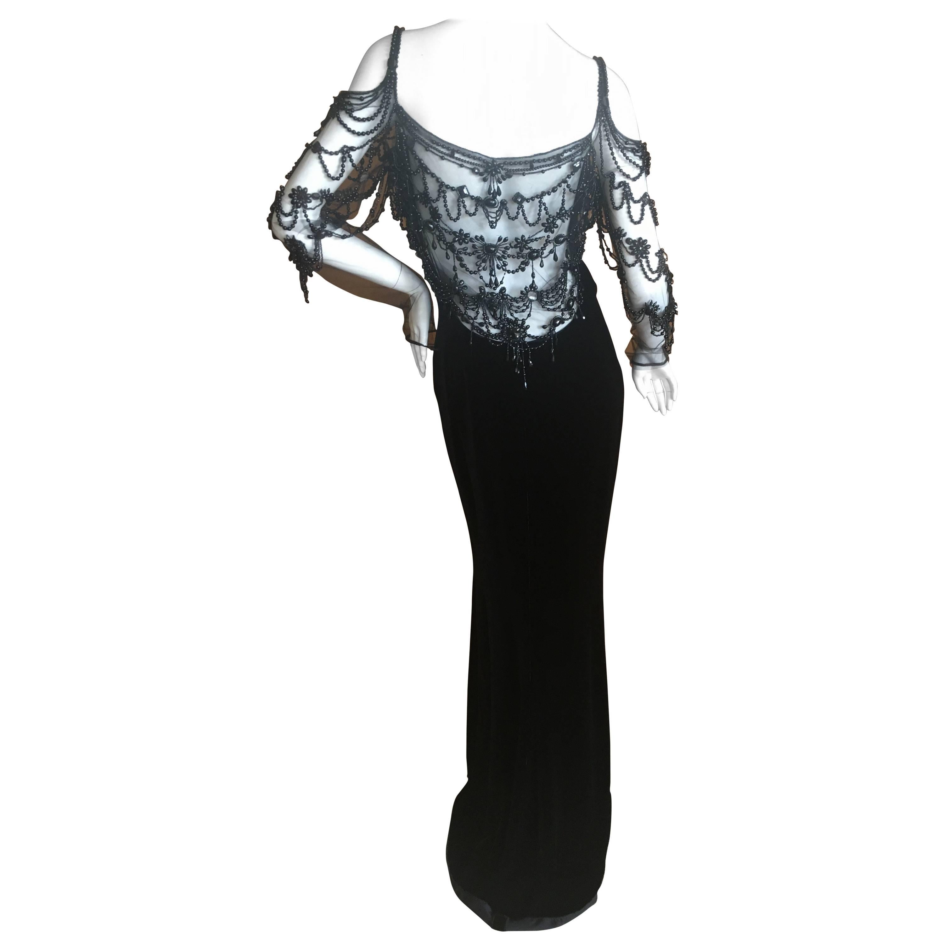 Valentino Vintage Black Velvet Evening Dress with Gorgeous Jet Beading on Net For Sale
