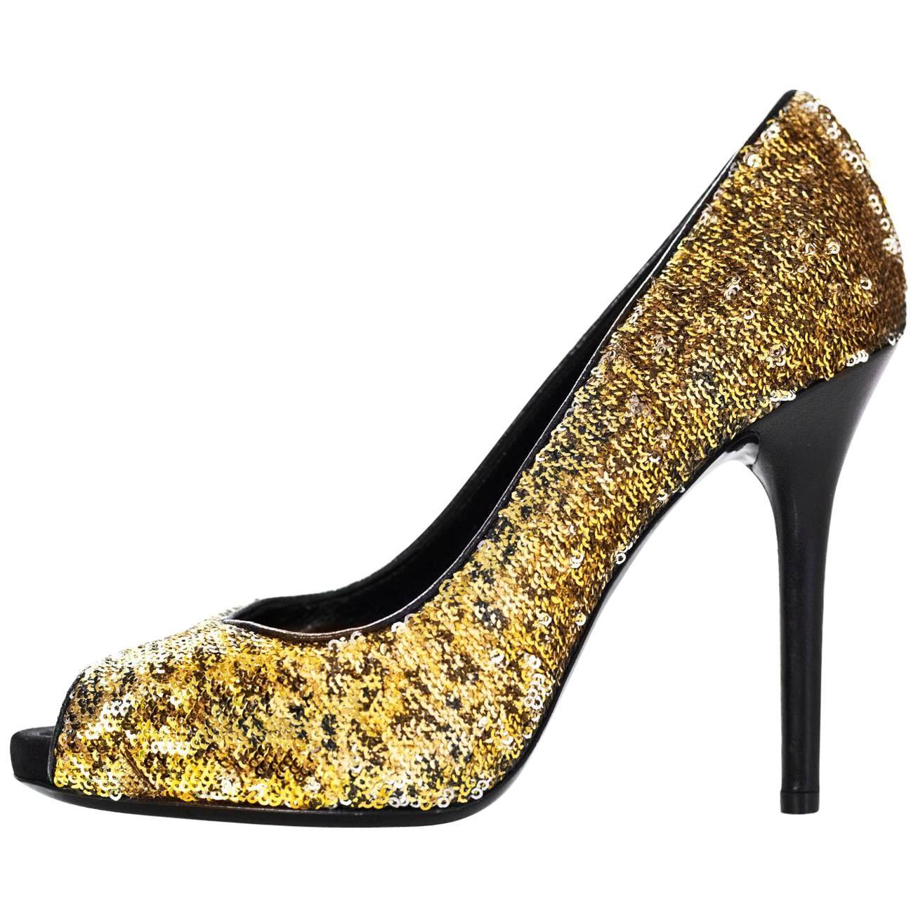 D&G Dolce & Gabbana Gold Sequin Pee-Toe Pumps Size 38