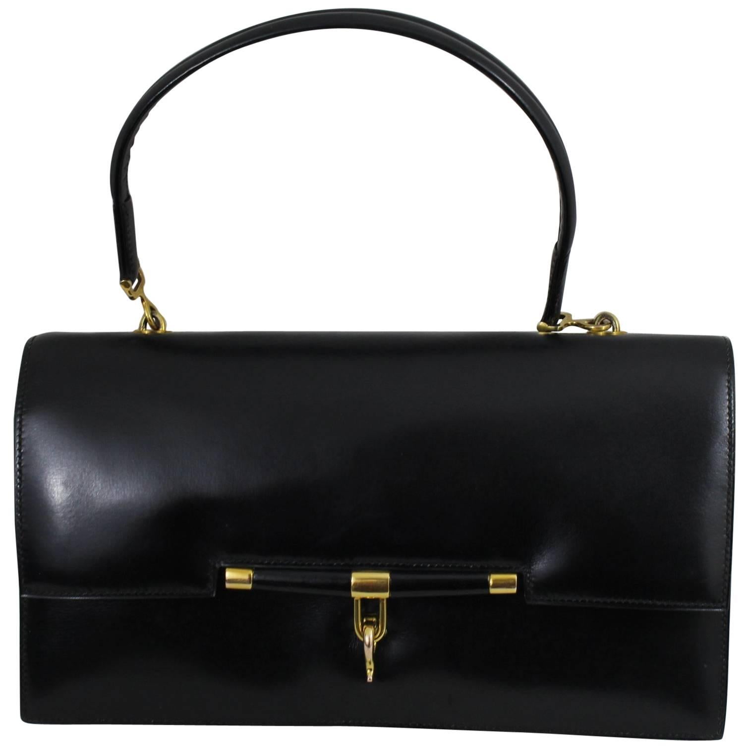 Vintage Hermes Black Box Leather "Palonnier" Bag