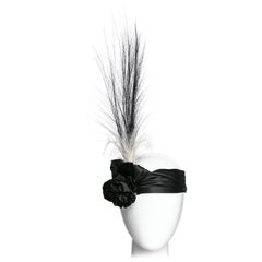Vintage Black Satin Velvet Rose Flapper Feather Headband Headpiece by Unknown Designer