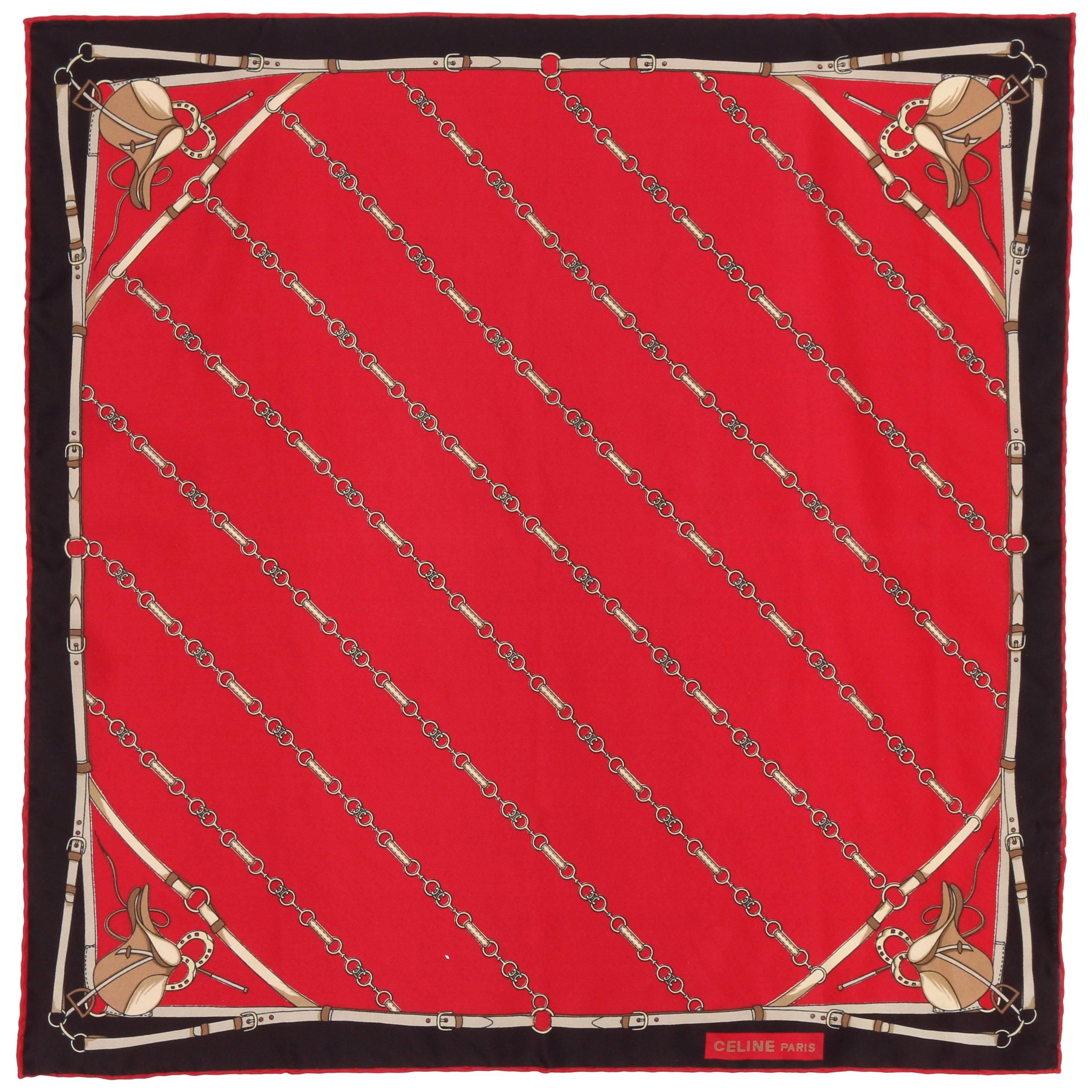 CELINE Red and Black Equestrian Horsebit Print Silk Scarf