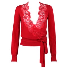 DOLCE & GABBANA Red Knit Scalloped Floral Lace Wrap Cardigan Sweater