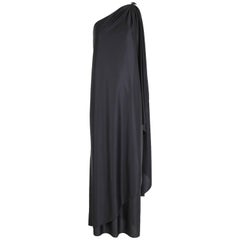 1979 Halston Black Single Shoulder Draped Dorian Gown Dress