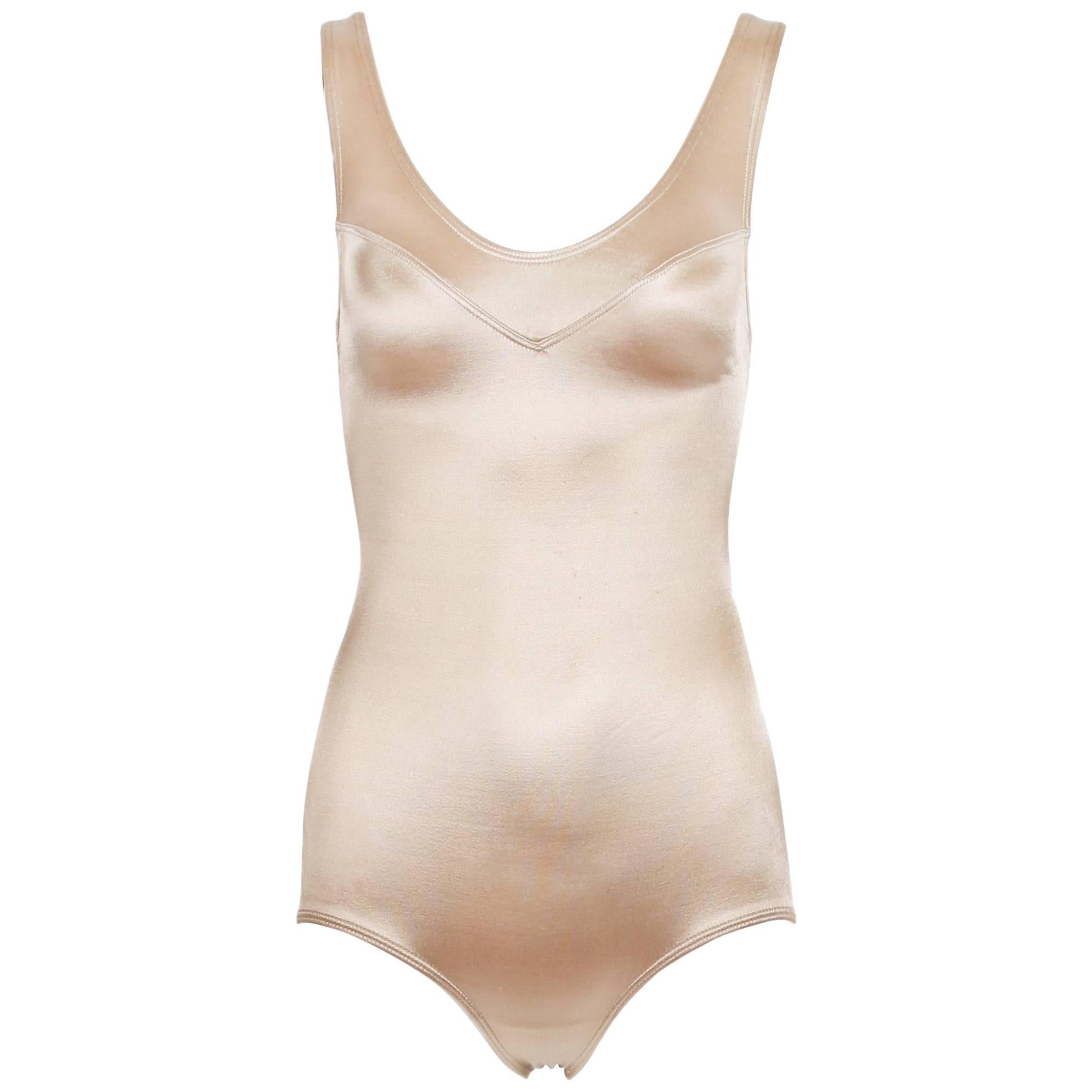 Azzedine Alaia Vintage Champagne Colored Stretch Satin Bathing Suit