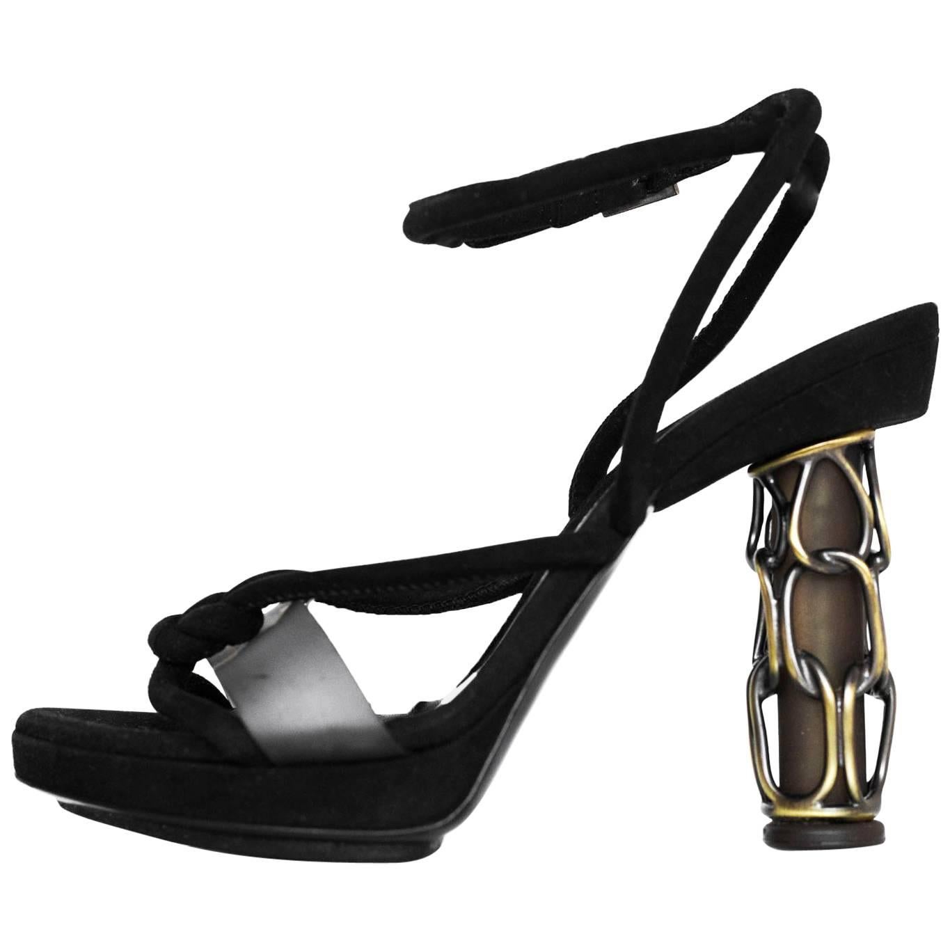 Fendi Black Suede Sandals with Caged Heels Sz 38