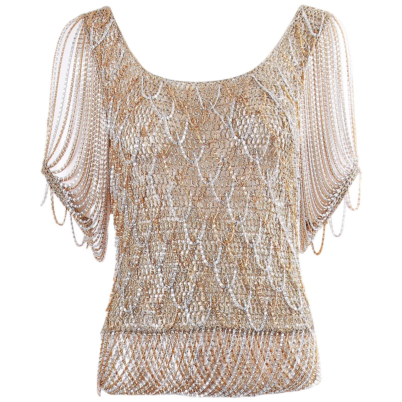 Loris Azzaro Gold and Silver Knit Lurex and Chain Top, 1970s 